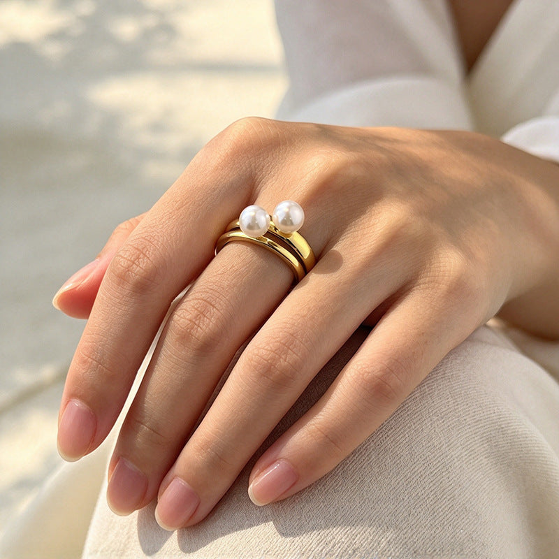 18K Gold Plated Titanium Steel Double Layer Open Ring For Women, Minimalist Luxury  Pearl Stackable Stainless Steel Finger Ring Jewelry