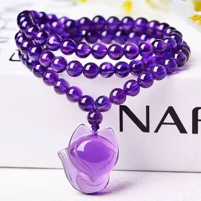Natural Amethyst Fox Bracelet Nine Tailed Fox Pendant Multi Layer Chain Wealth Energy Jewelry For Women