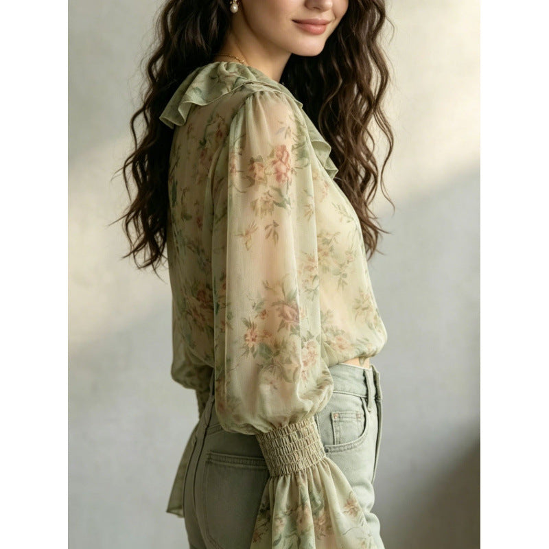 Early Autumn New Womens Ruffle-Trim V-Neck Printed Top