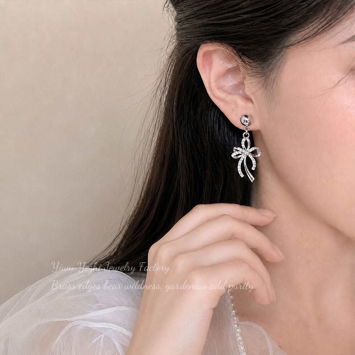 Korean-Style Lace Bow Zircon Earrings For Women, Light Luxury Niche High-End Earrings With Unique Design And Elegant Temperament