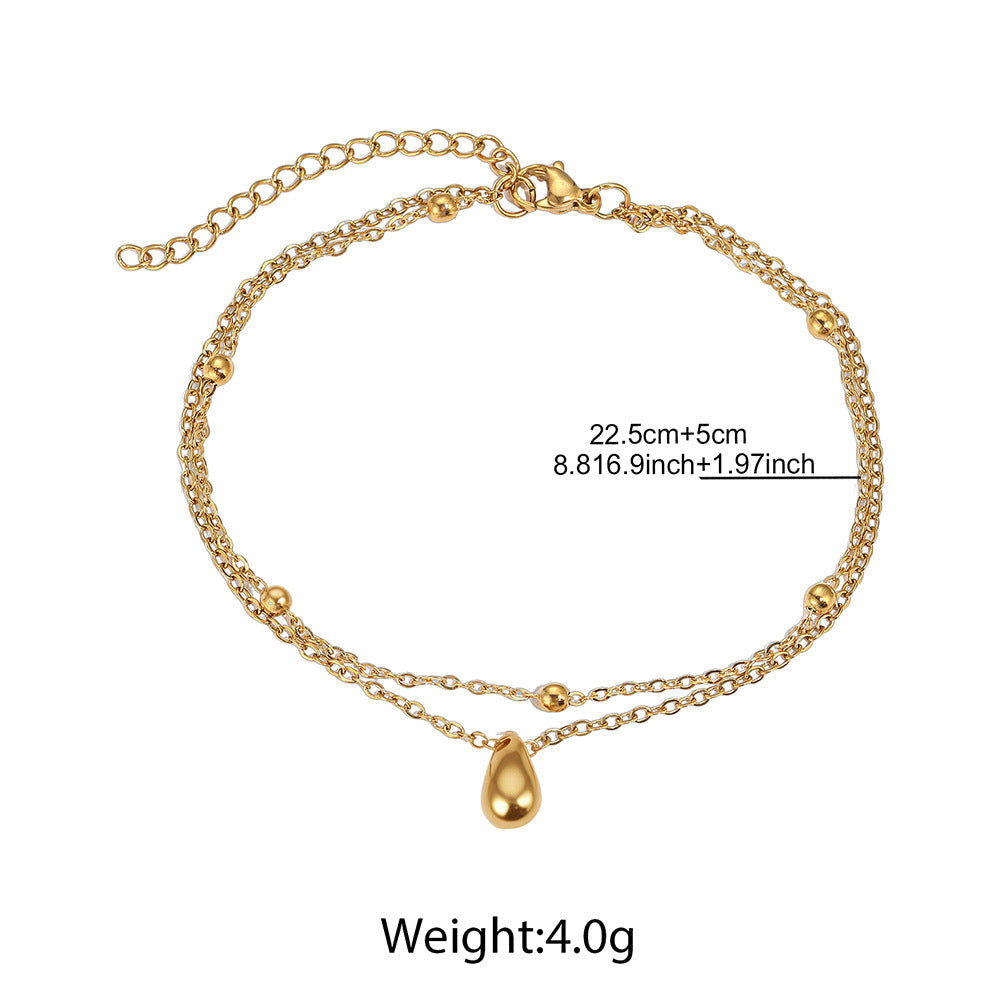 18K Gold Plated Stainless Steel Double Layer Anklet For Women, Teardrop Charm Beaded Ankle Bracelet, Waterproof Summer Beach Foot Jewelry Gift