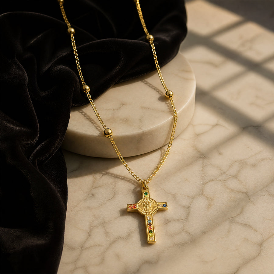 18K Gold Plated Stainless Steel Virgin Mary Cross Pendant Necklace For Women, Colorful Rhinestone Beaded Chain Religious Faith Necklace, Christian Jewelry Gift