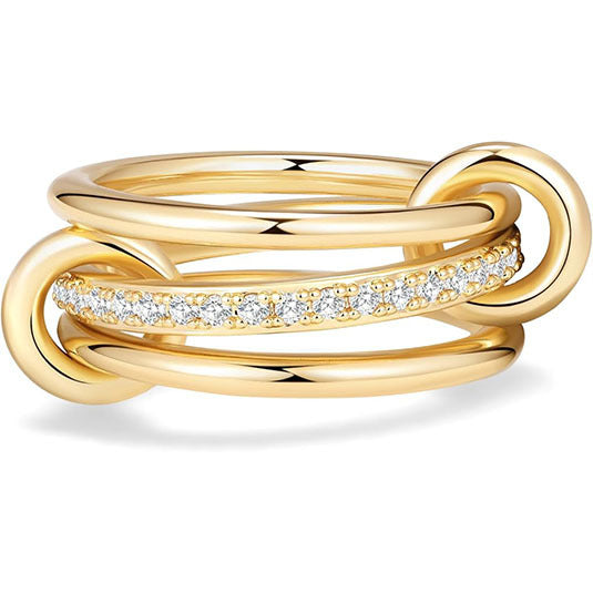 Stainless Steel Interlocking Fully Diamond-encrusted Three-ring Wave Ring