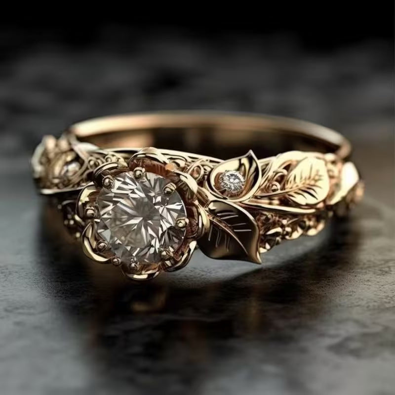 Yanbai Cross-Border Foreign Trade Exquisite Flower And Leaf Ring, Floral Copper Inlaid Zircon Exquisite Jewelry Women's Ring