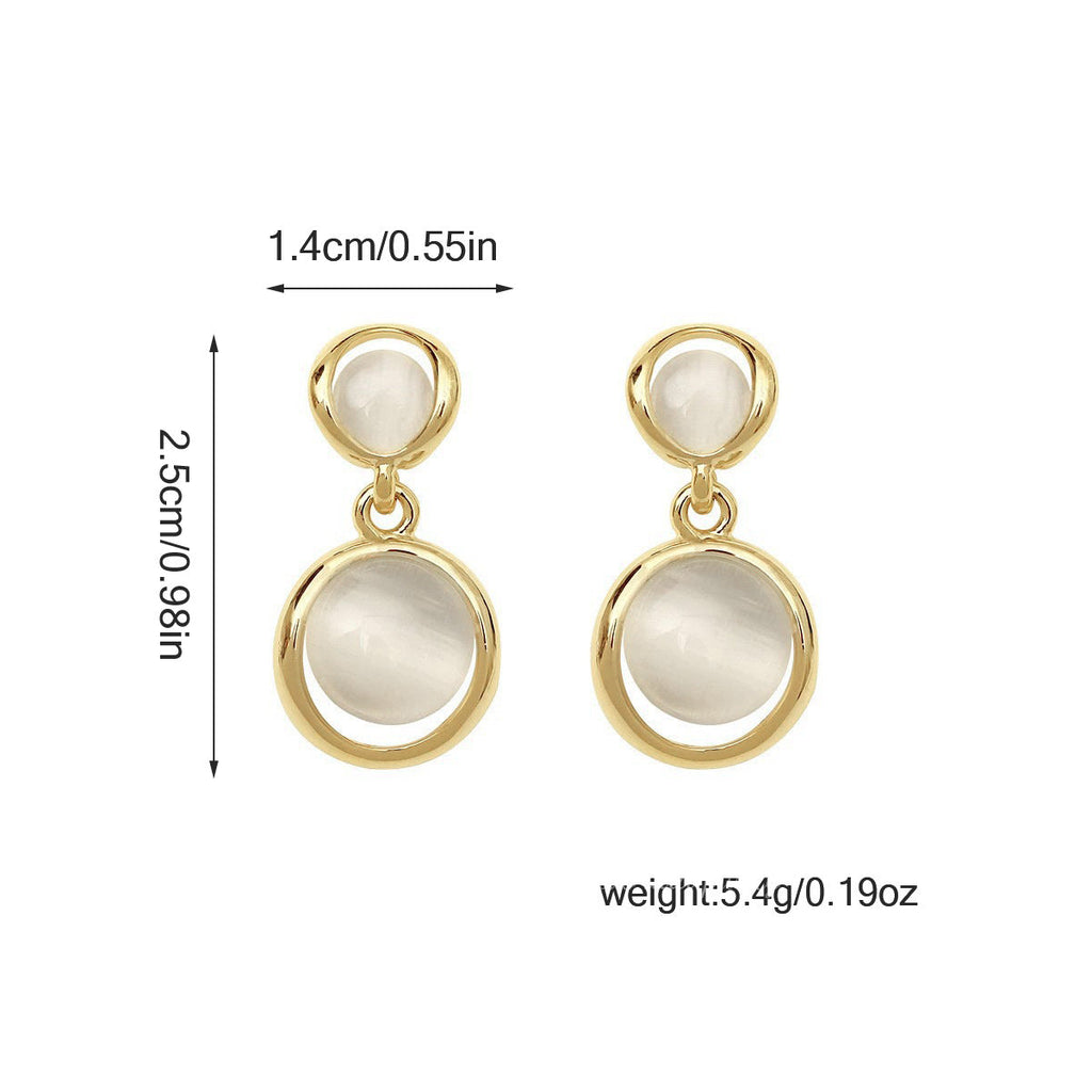 Korean Style Fashion Large And Small Cat's Eye Stone Earrings, Japanese And Korean Retro Round Internet Celebrity Sweet Fairy Silver Needle Earrings
