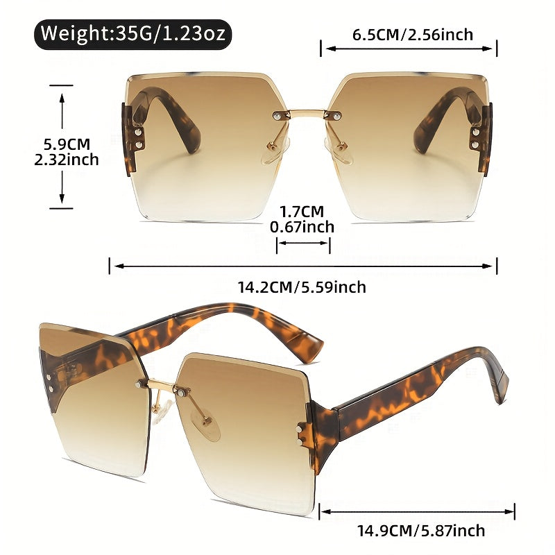 2 Pcs Rimless Square Sunglasses For Women Uv400 Protective Gradient Lens Eyewear Shiny Metal Hinge Detail Wide Temple Suitable For Beach Travel Parties And Daily Fashion Matching.