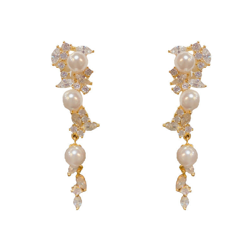 French Light Luxury Fashion High-End Super Shiny Micro-Inlaid Zircon Leaf Long Pearl Tassel Earrings Exquisite Ear Jewelry