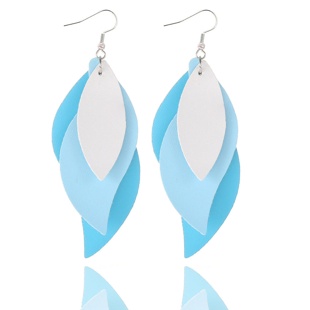 Three-layer Leaf Shape Leather PU Earrings