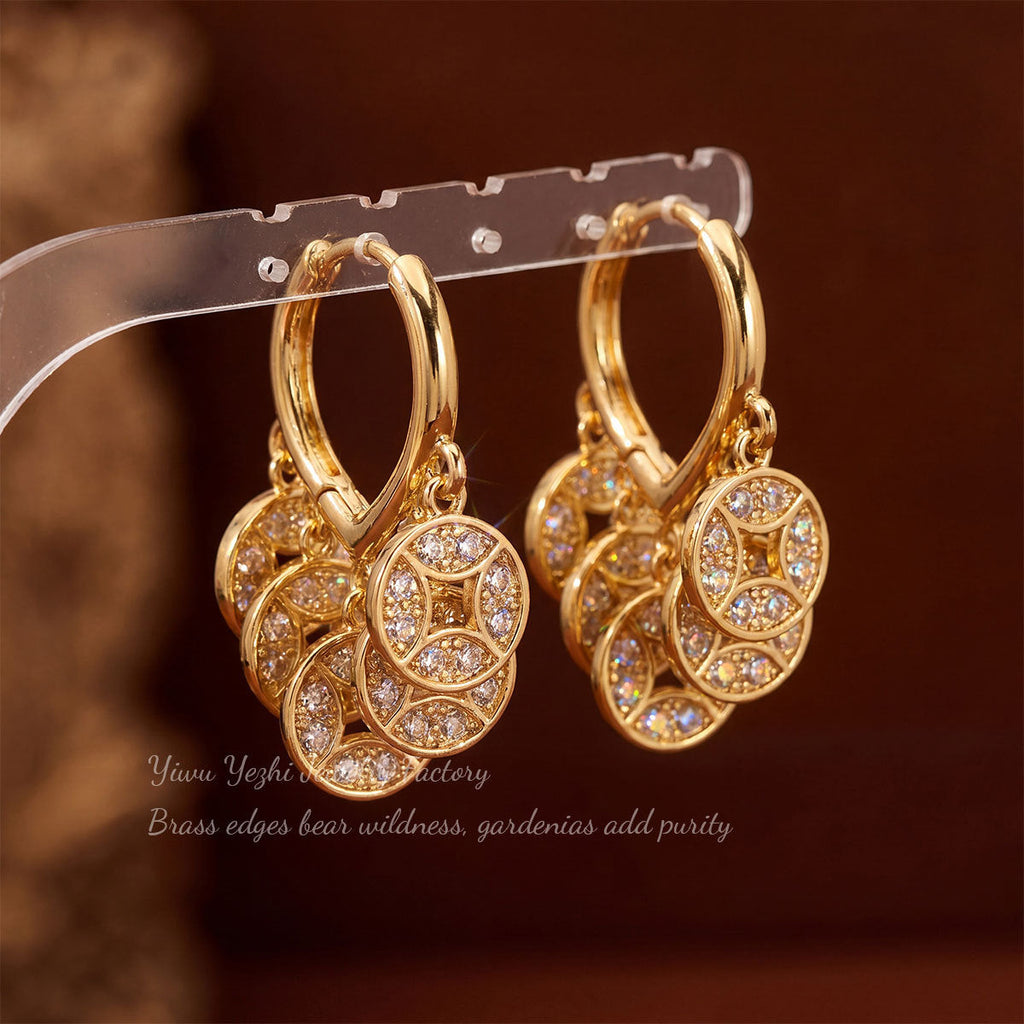Golden Five Emperors Coin Earrings With Diamonds, Super Sparkling, Chinese Style Retro Wealth-Attracting Coin Earrings, Unique High-End Earrings