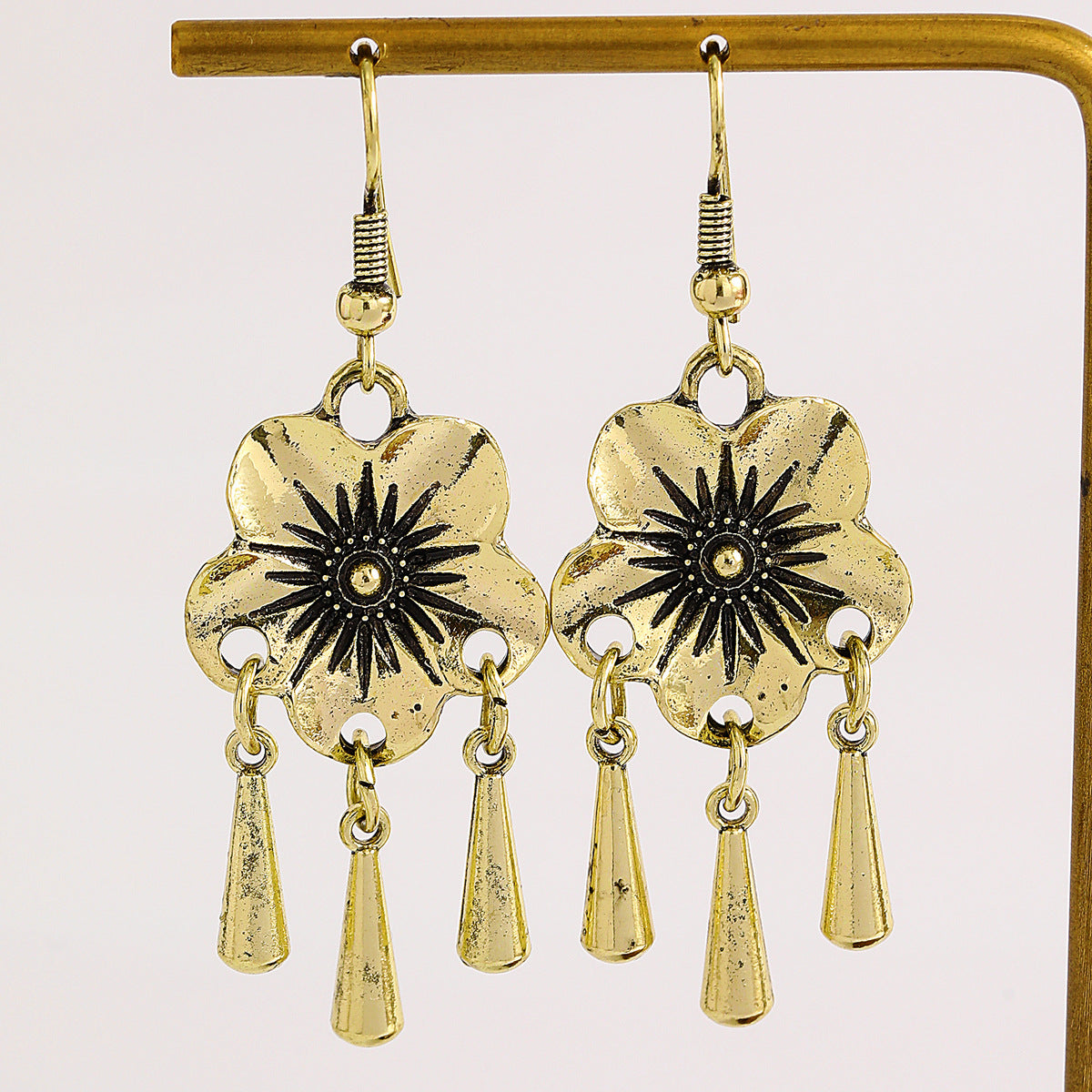 Retro Distressed Flower Drop Tassel Hollow-out Earrings