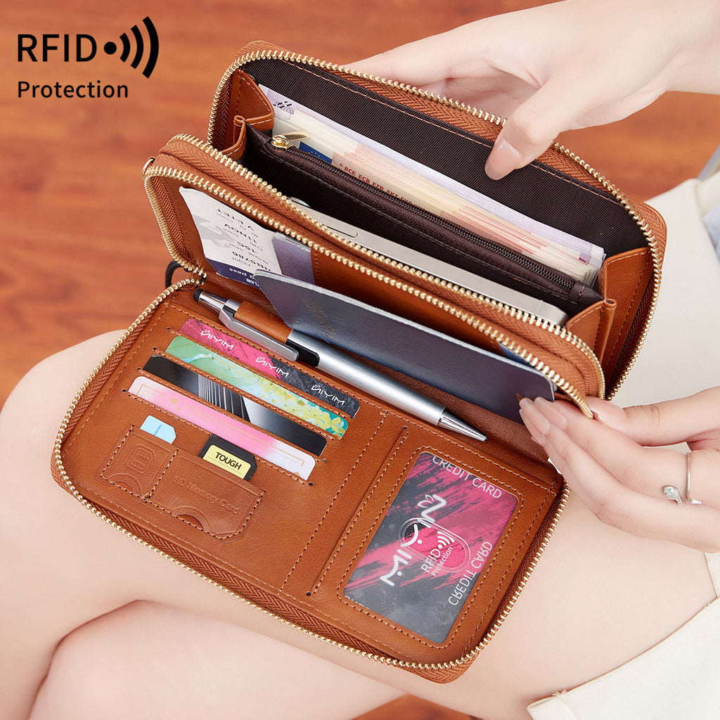 RFID Multi-functional Double Zipper Storage Crossbody Wallet