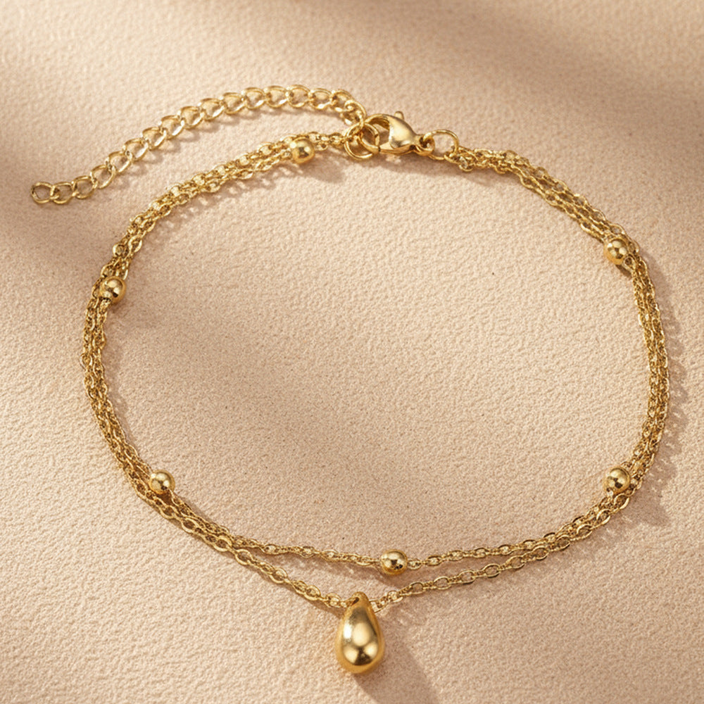 18K Gold Plated Stainless Steel Double Layer Anklet For Women, Teardrop Charm Beaded Ankle Bracelet, Waterproof Summer Beach Foot Jewelry Gift