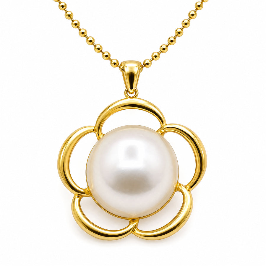 18K Gold Plated Stainless Steel Flower Pearl Pendant Necklace For Women, Hollow Floral Faux Pearl Beaded Chain Necklace, Elegant Wedding Party Statement Jewelry Gift