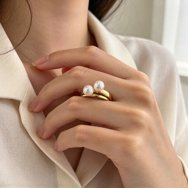 18K Gold Plated Titanium Steel Double Layer Open Ring For Women, Minimalist Luxury  Pearl Stackable Stainless Steel Finger Ring Jewelry