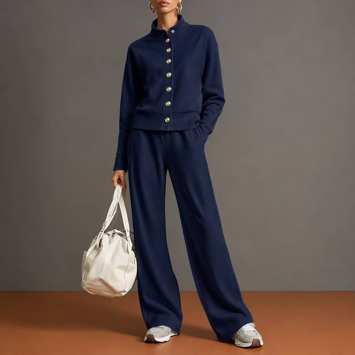 Women's Stand-Collar Button Cardigan & Wide-Leg Pants Set