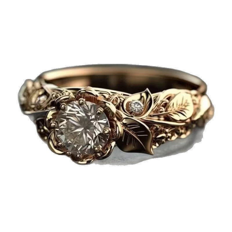 Yanbai Cross-Border Foreign Trade Exquisite Flower And Leaf Ring, Floral Copper Inlaid Zircon Exquisite Jewelry Women's Ring