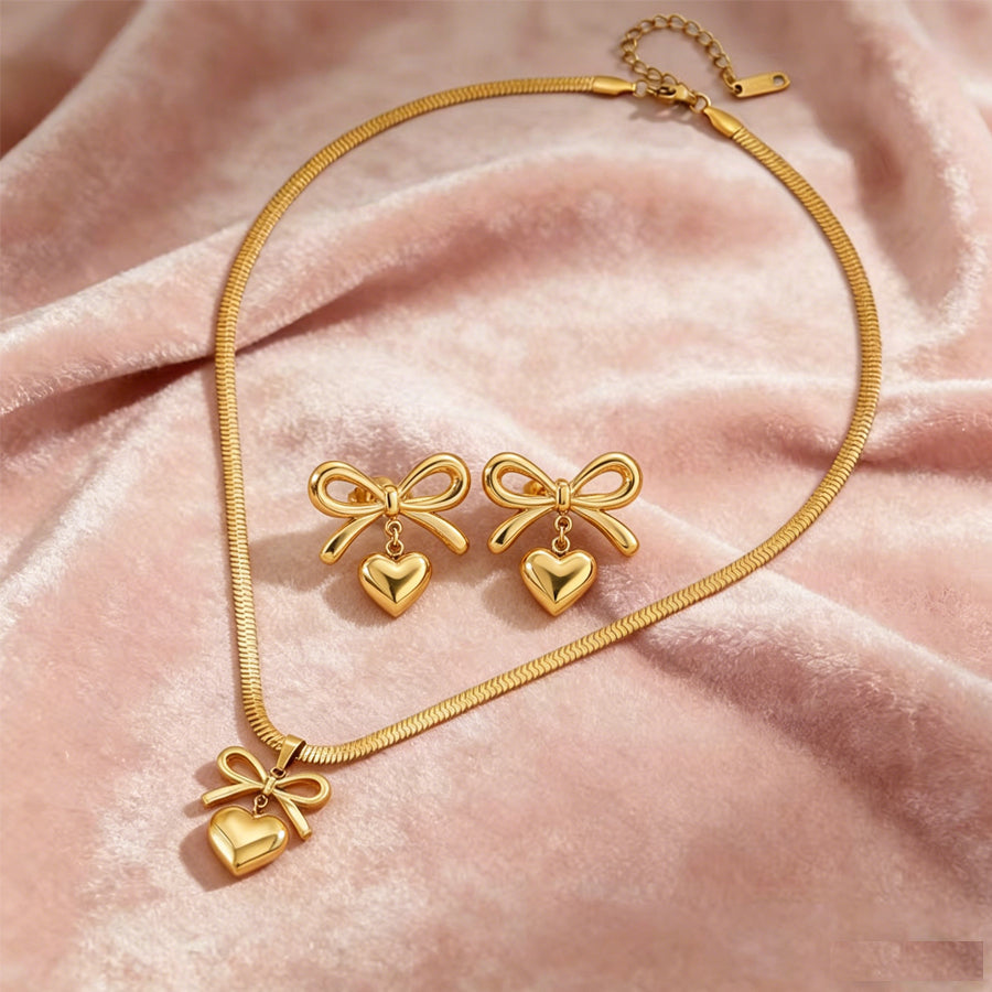 Women Bowknot 3D Puffy Heart Jewelry Set Snake Chain Necklace & Stud Earrings 2Pcs Gold Silver Tone Stainless Steel Romantic Valentine Gift Jewelry