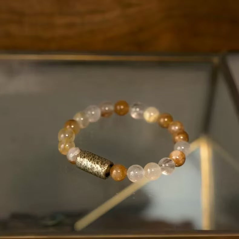 Natural Citrine  Golden Rutilated Quartz Bracelet Clear Quartz Brass Bead Round Chain Unisex Wealth Energy Jewelry