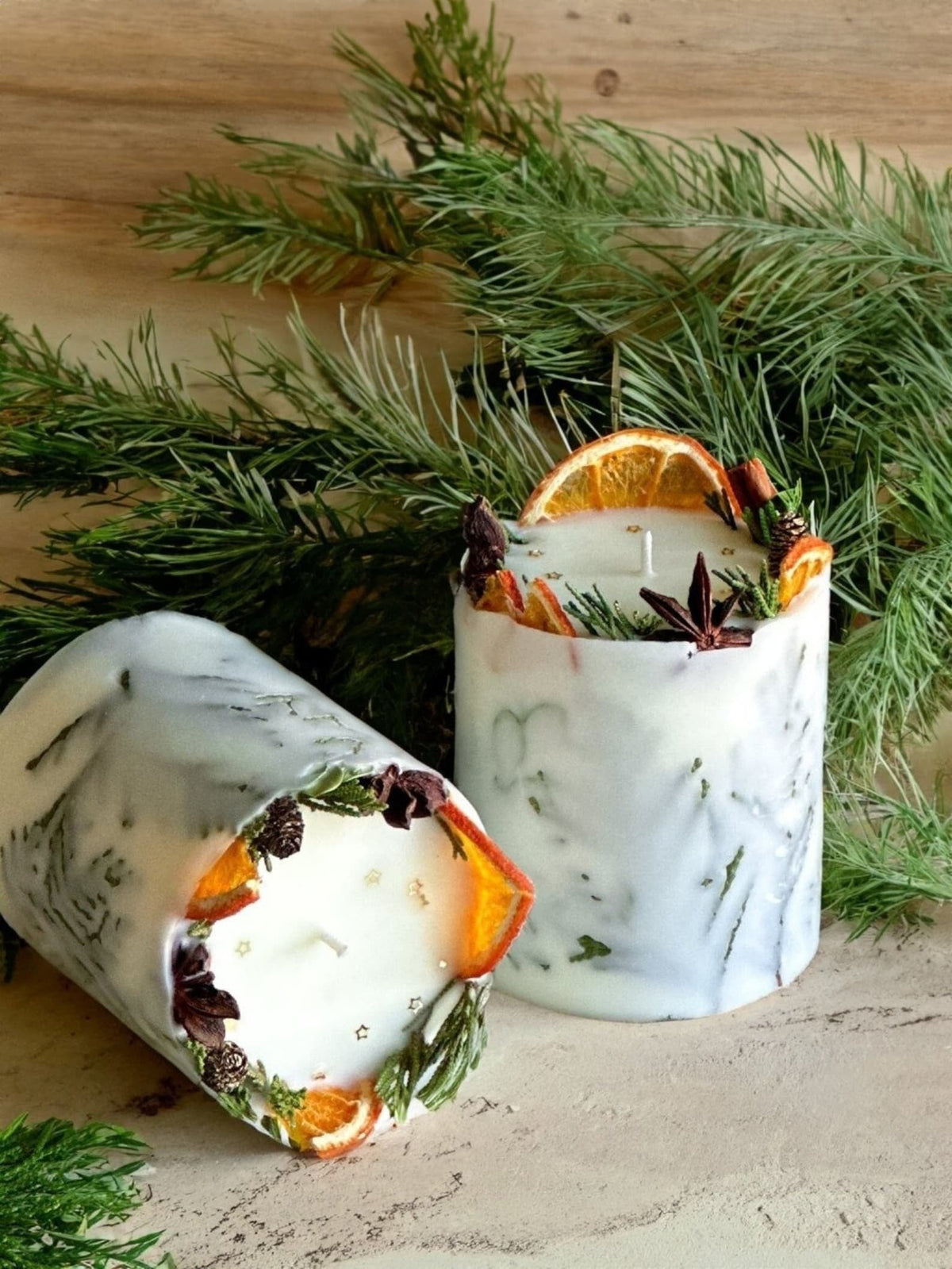 Christmas Hygge Candle in gift box: Cottagecore Holiday Decor, unique rustic homemade botanical candle