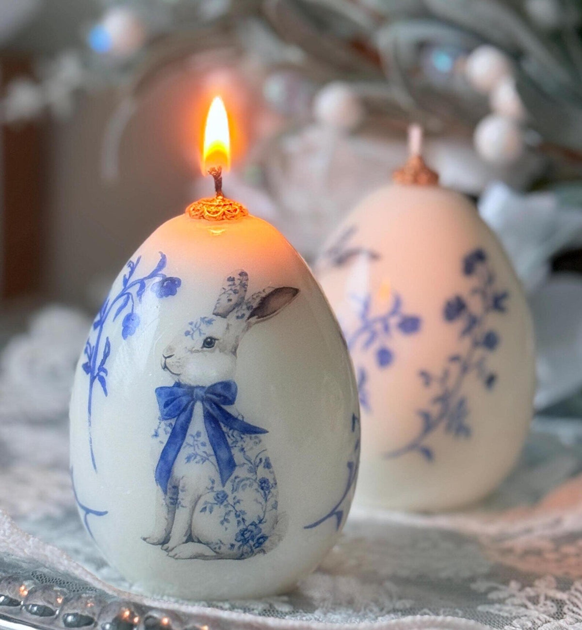 1 pc Vintage Easter Egg Bunny Candle: Spring Rabbit Decor - Easter Blue Floral gift