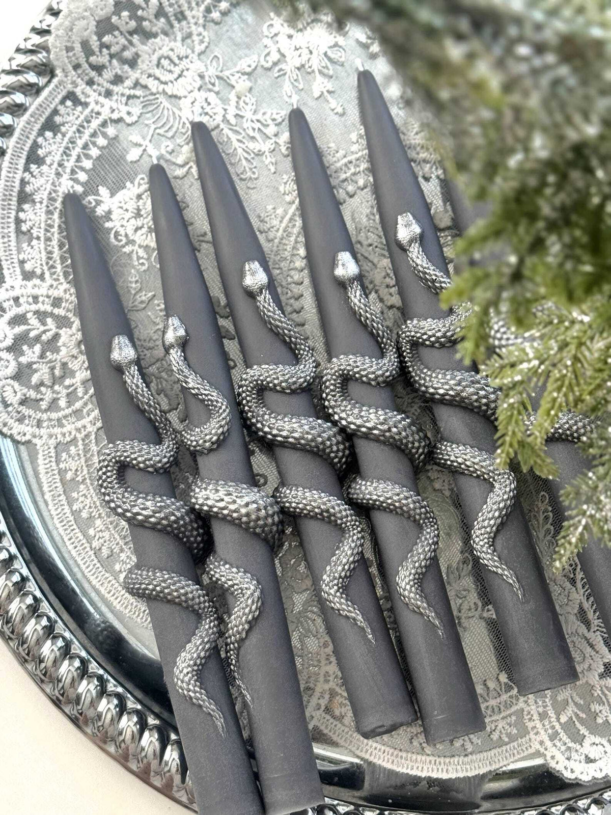 Light gray Snake Taper Candles Set of 2 | Christmas gothic Decor, fall candle