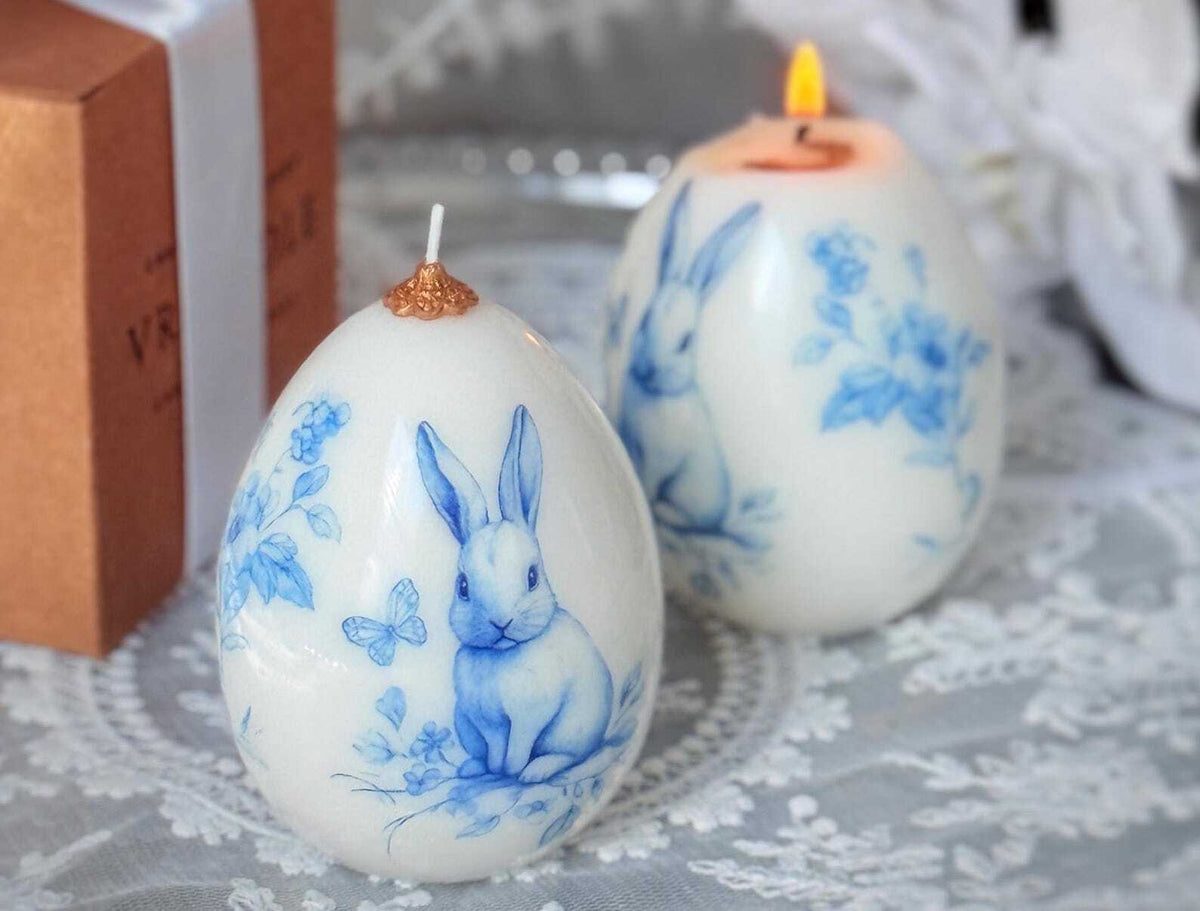 1 pc Vintage Easter Egg Rabbit Candle: Spring Bunny Decor - Easter Blue Floral gift