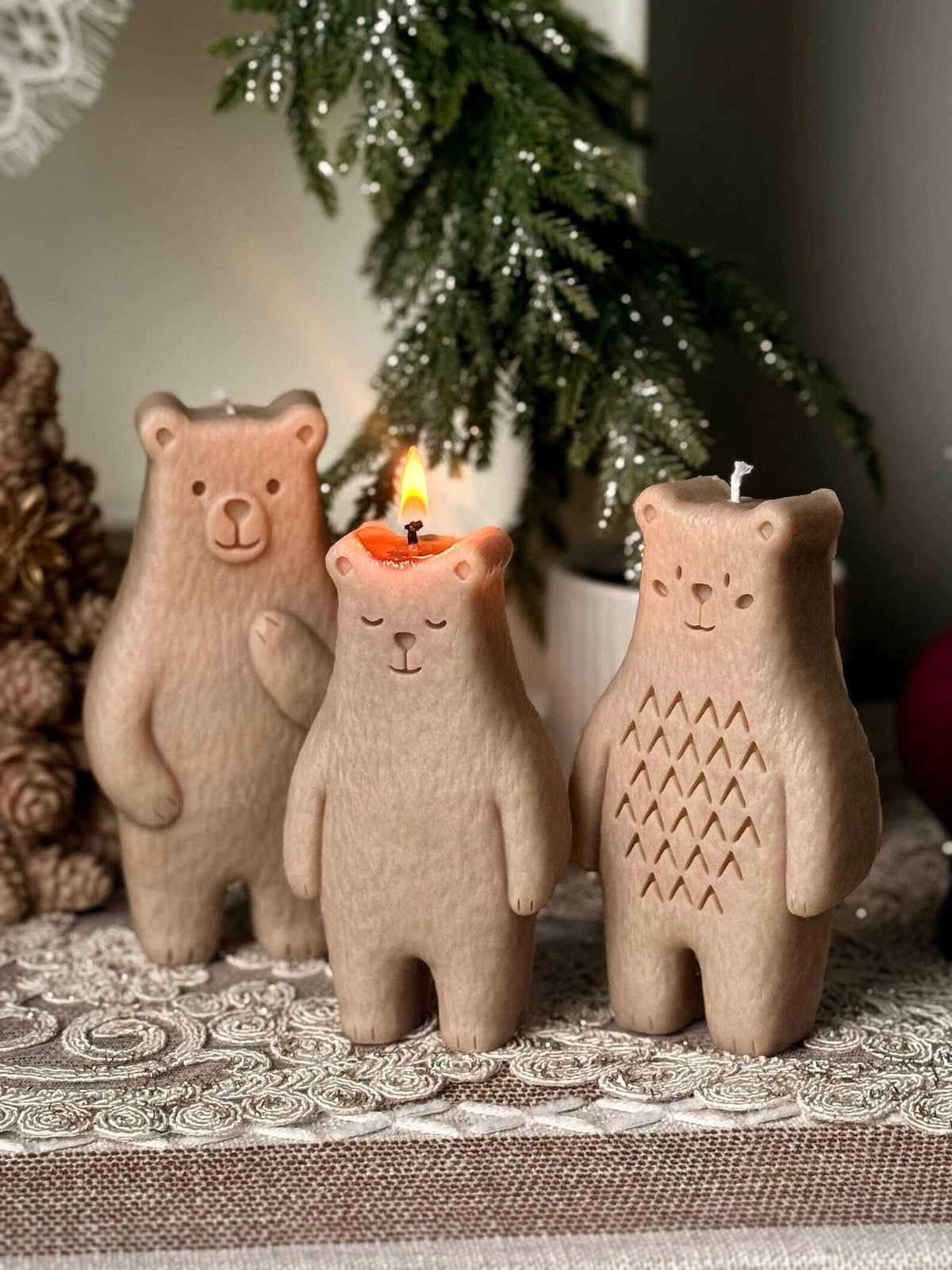 Large Holiday Bear Candles (Set of 3): Unique Christmas Shelf Decor
