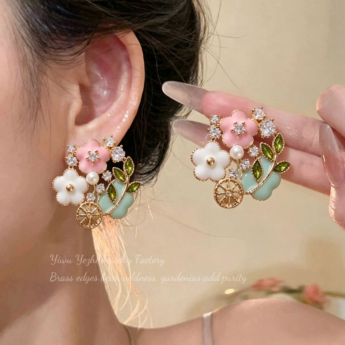 Korean-style Sweet Floral Pearl Stud Earrings, Fresh And Elegant, High-end Oil-drip Zircon Earrings For Women, Light Luxury Spring-summer Accessories