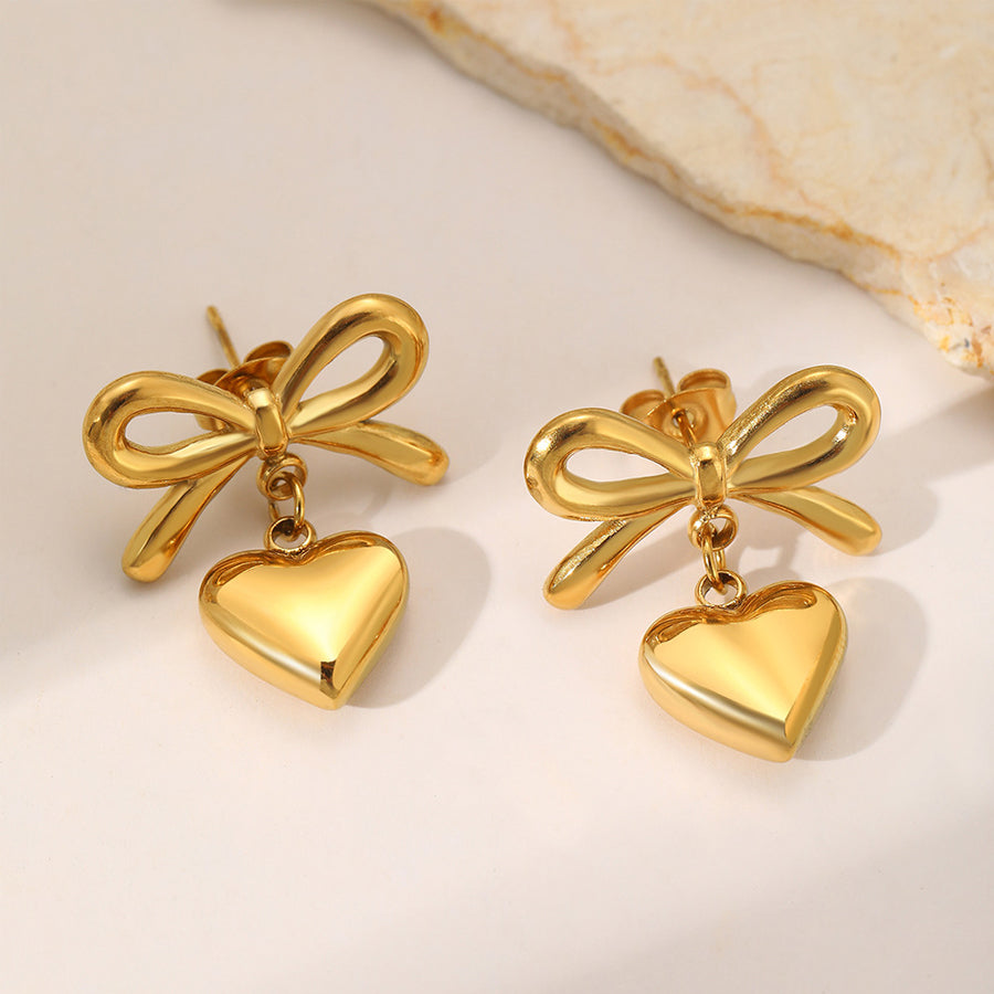 Women Bowknot 3D Puffy Heart Jewelry Set Snake Chain Necklace & Stud Earrings 2Pcs Gold Silver Tone Stainless Steel Romantic Valentine Gift Jewelry