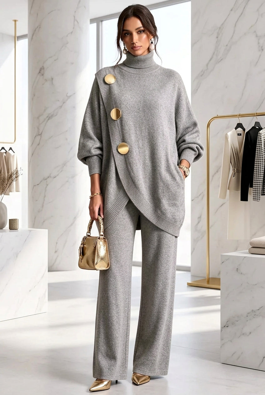 Women's Asymmetric High-Neck Sweater & Wide-Leg Pants Set
