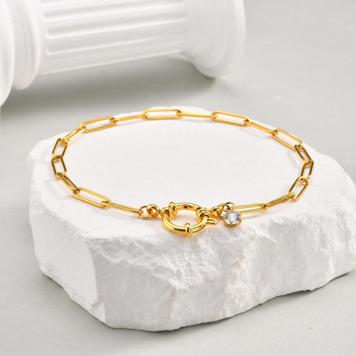 Stainless Steel Rectangular-link Bubble-clasp Gold Anklet