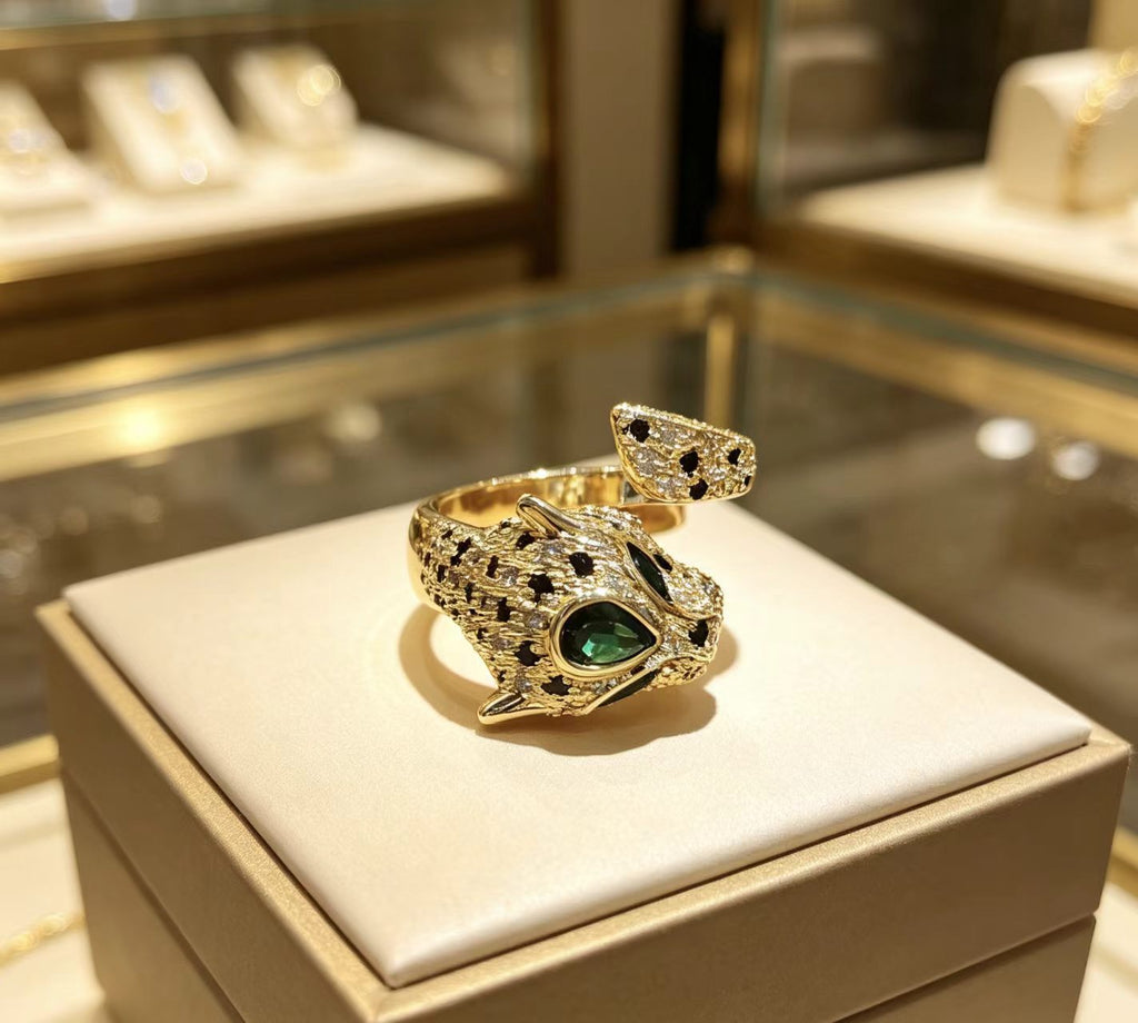 European And American Style Copper-plated Gold Zircon Leopard Ring For Women