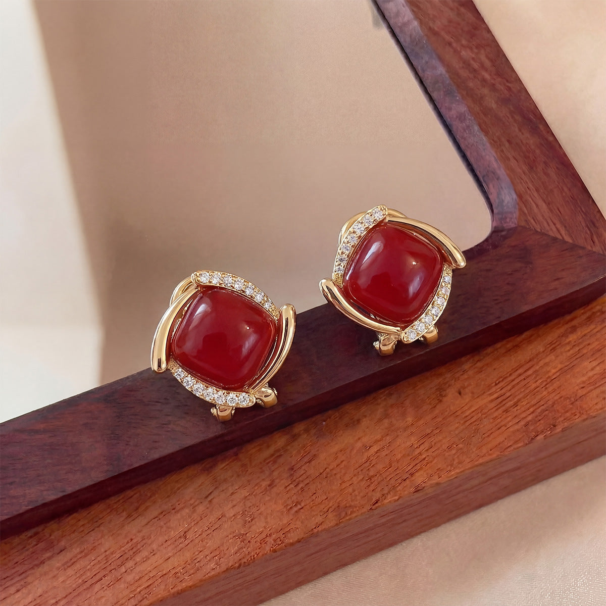 Popular New Year Red Fashion Square Stud Earrings, French Light Luxury Full-Diamond Earrings, Unique And Elegant Versatile Earrings For Women