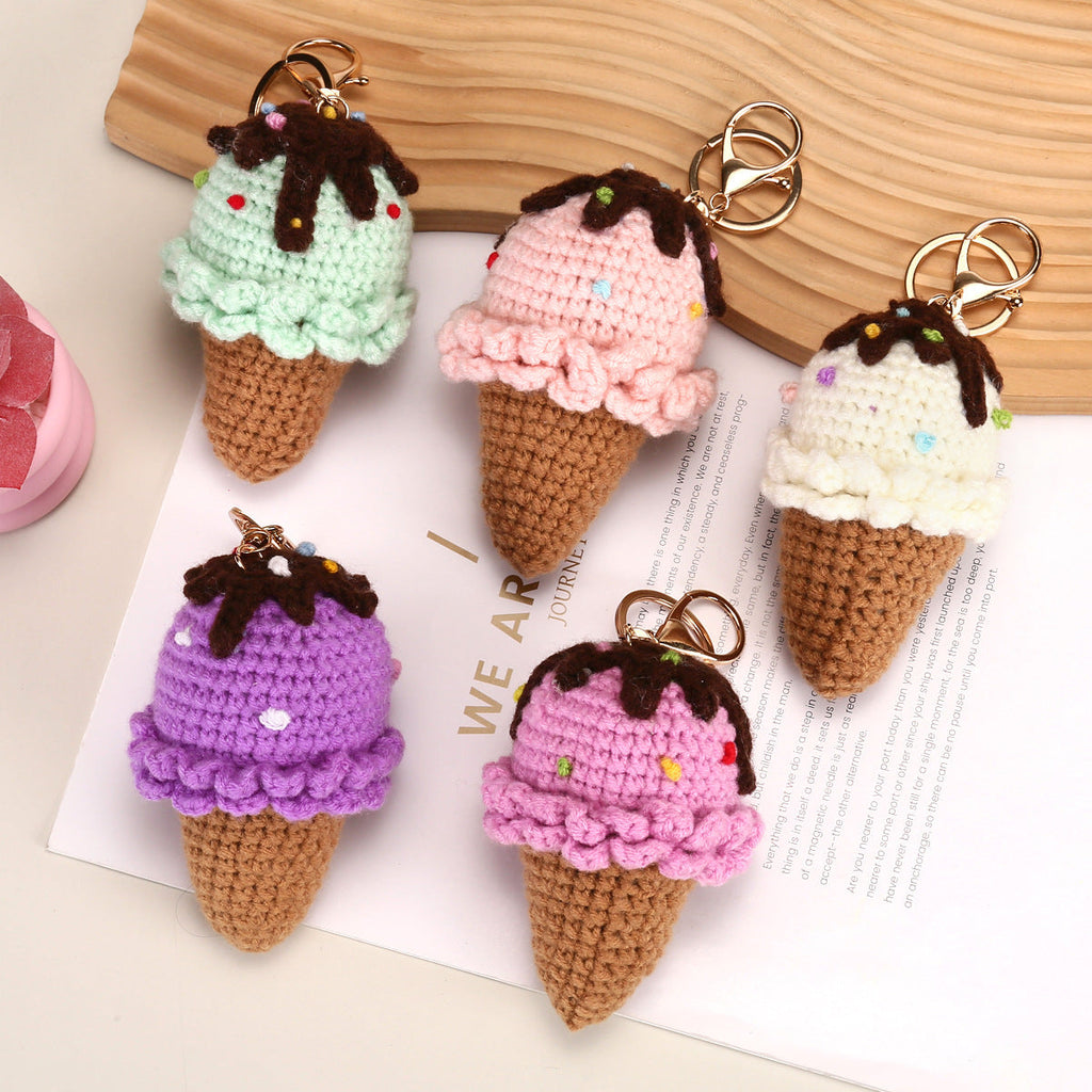 Knitted Yarn Ice Cream Cone Keychain