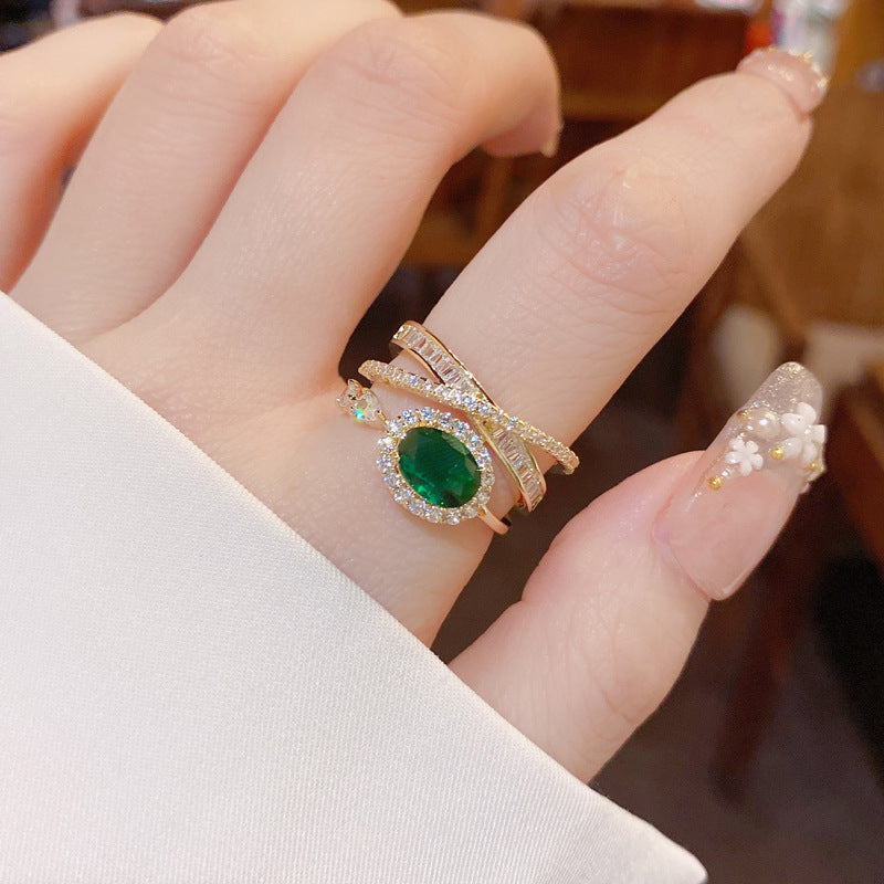 Korean Style New Entry Luxury Heavy Industry High Texture Emerald Crystal Ring Ins Trendy Adjustable Opening Ring Ring