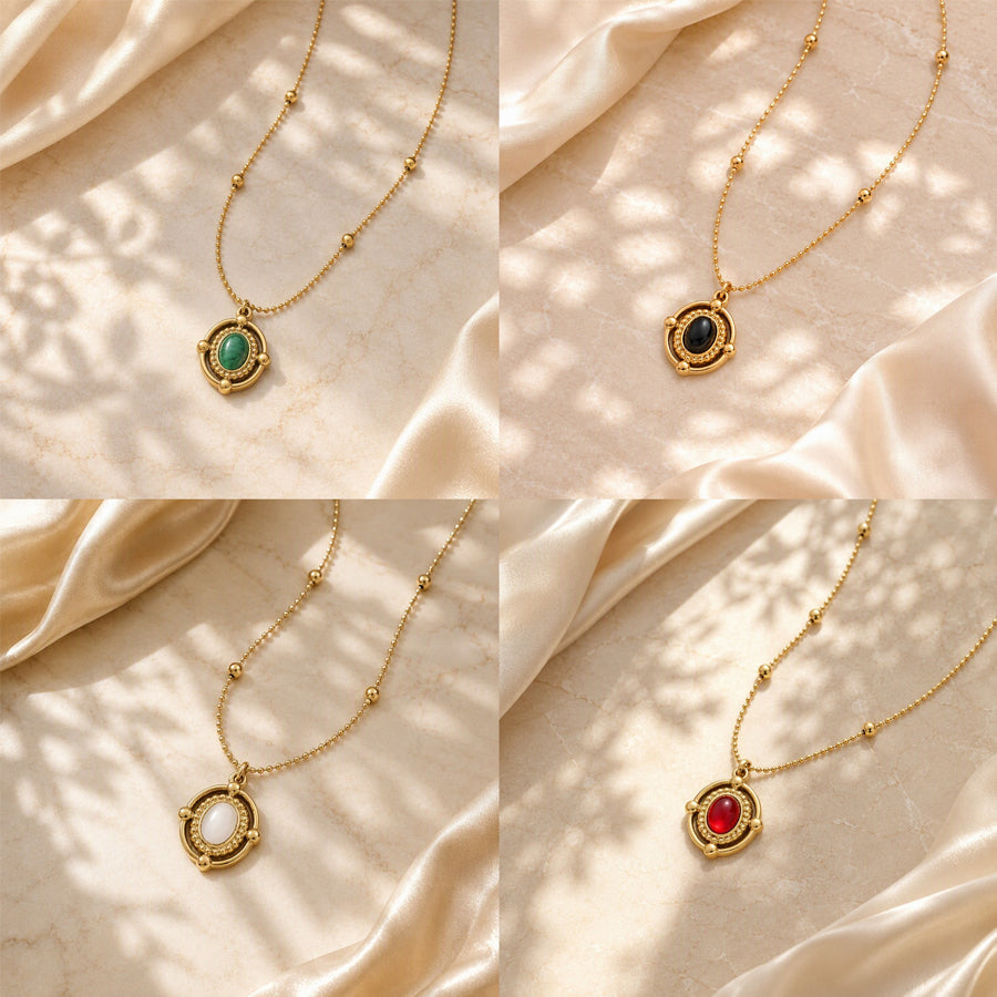 Gold Plated Stainless Steel Vintage Oval Gemstone Pendant Necklace For Women, Beaded Ball Chain Multi-color Stone Boho Statement Necklace Jewelry Gift