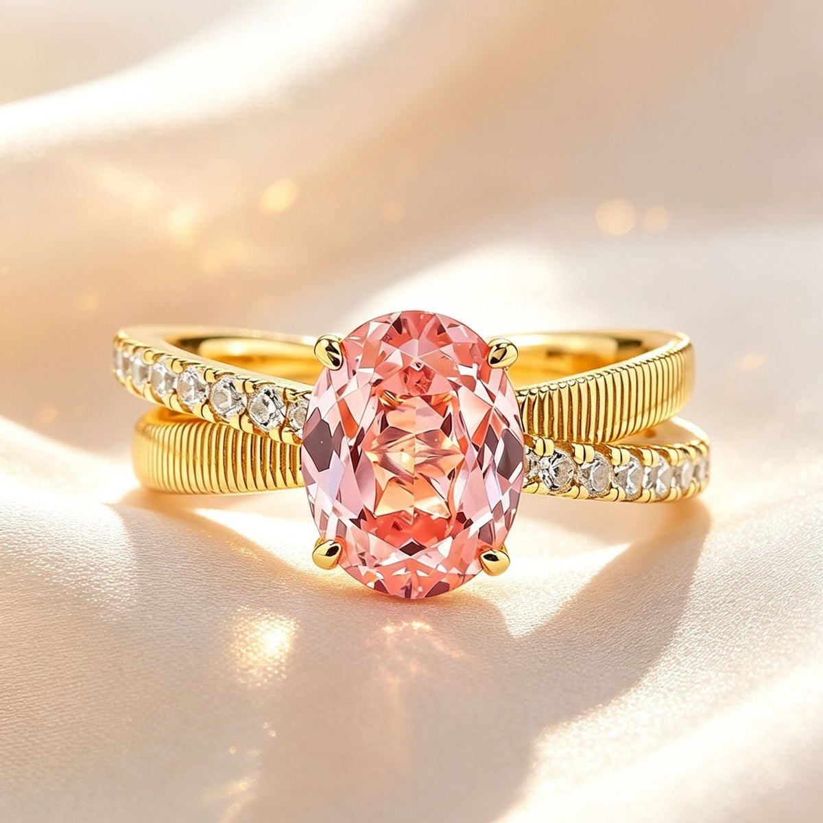 Women Italian Vintage Palace Style Oval Ring, Vertical Brushed Texture, Goose Yellow High Carbon  Flower Cut With Pink Accent , Gold Tone Statement Ring