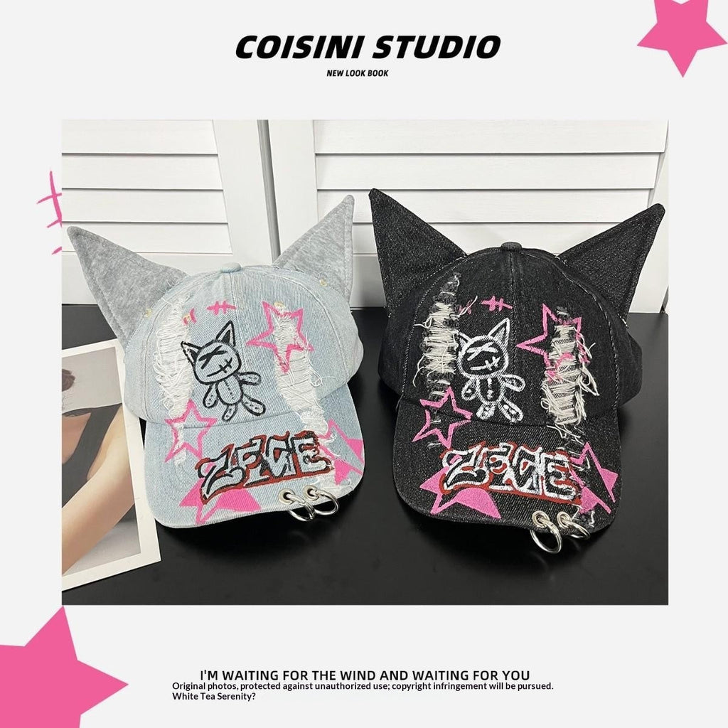 Dark-style Distressed Baseball Cap With Cat Ears Graffiti Streetwear