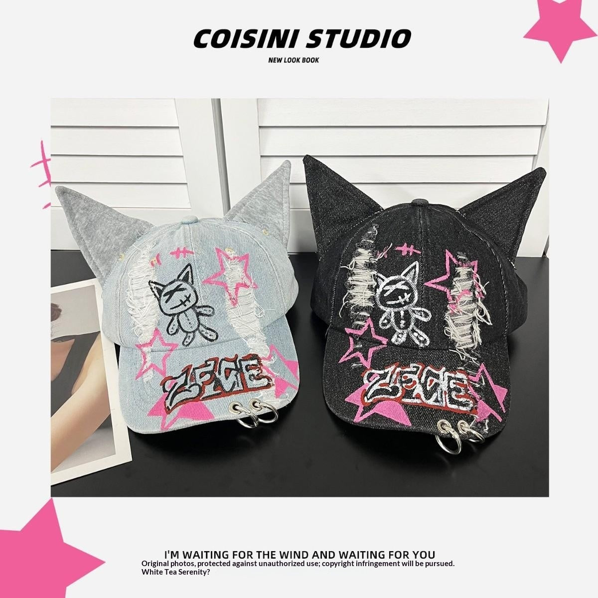 Dark-style Distressed Baseball Cap With Cat Ears Graffiti Streetwear