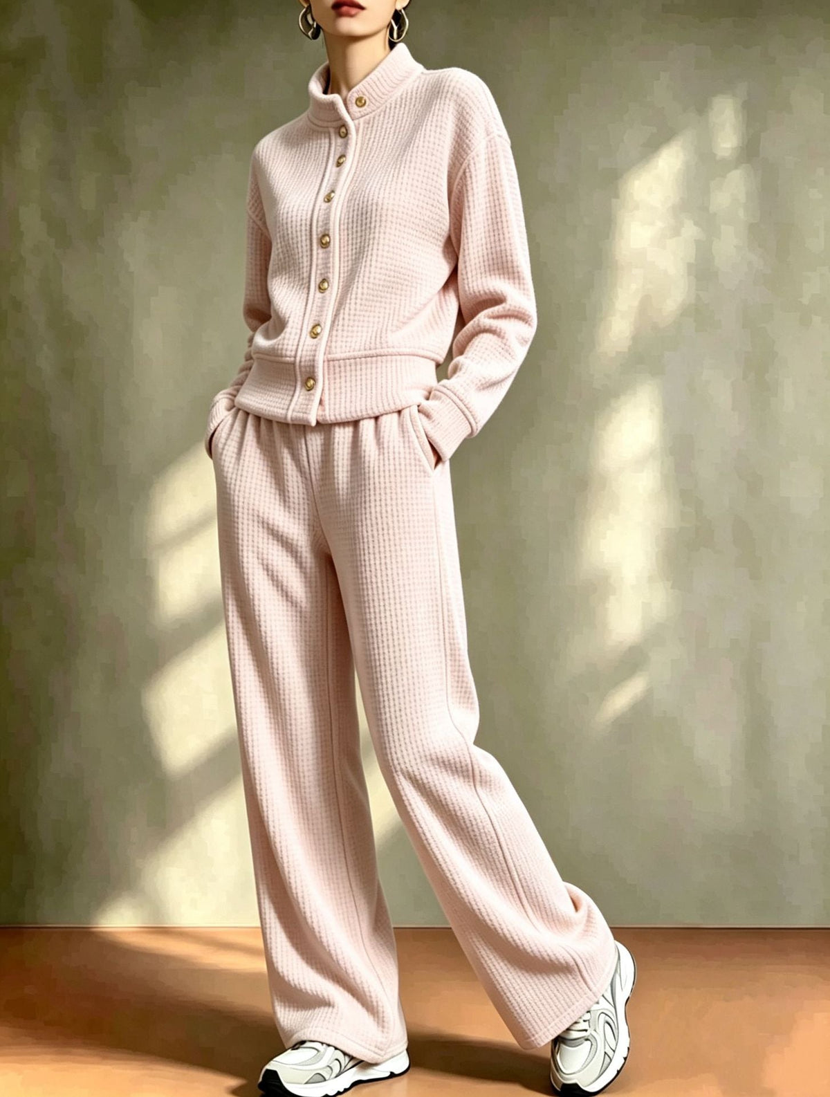 Women's Waffle Stand-Collar Cardigan & Wide-Leg Pants Set