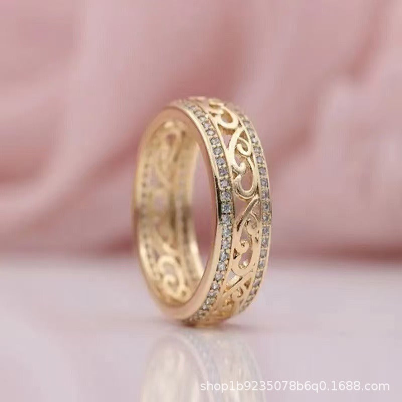 Wish's Popular European And American Style Gold-plated Copper Hollow-carved Zircon-inlaid Ring, Light Luxury Niche Design Jewelry