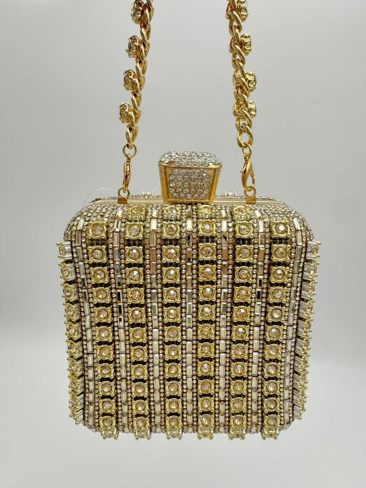 Women's Handmade Chain Rhinestone Square Mini Bag, Full Rhinestone Evening Clutch, Top-Handle Handbag, Sparkling Mini Square Purse For Party & Wedding