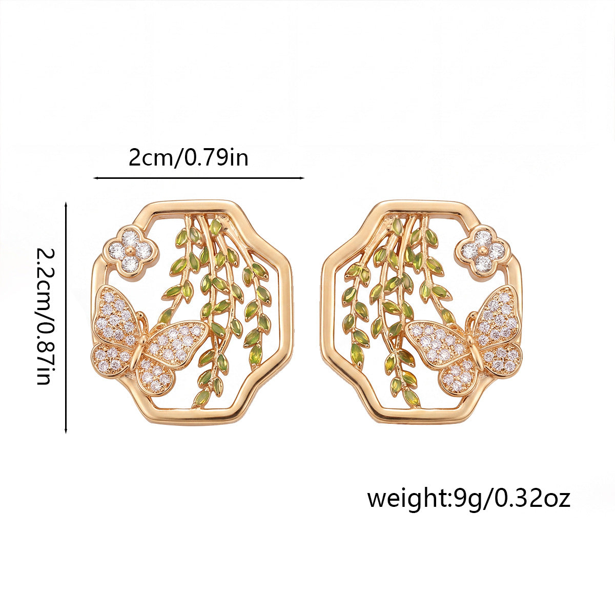 French Vintage Enamel Geometric Stud Earrings For Women, High-end Butterfly And Willow Tree Earrings, 18K Gold Hollow Earrings