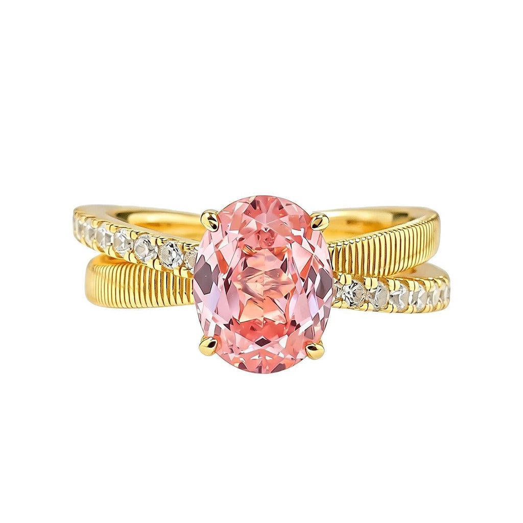 Women Italian Vintage Palace Style Oval Ring, Vertical Brushed Texture, Goose Yellow High Carbon  Flower Cut With Pink Accent , Gold Tone Statement Ring
