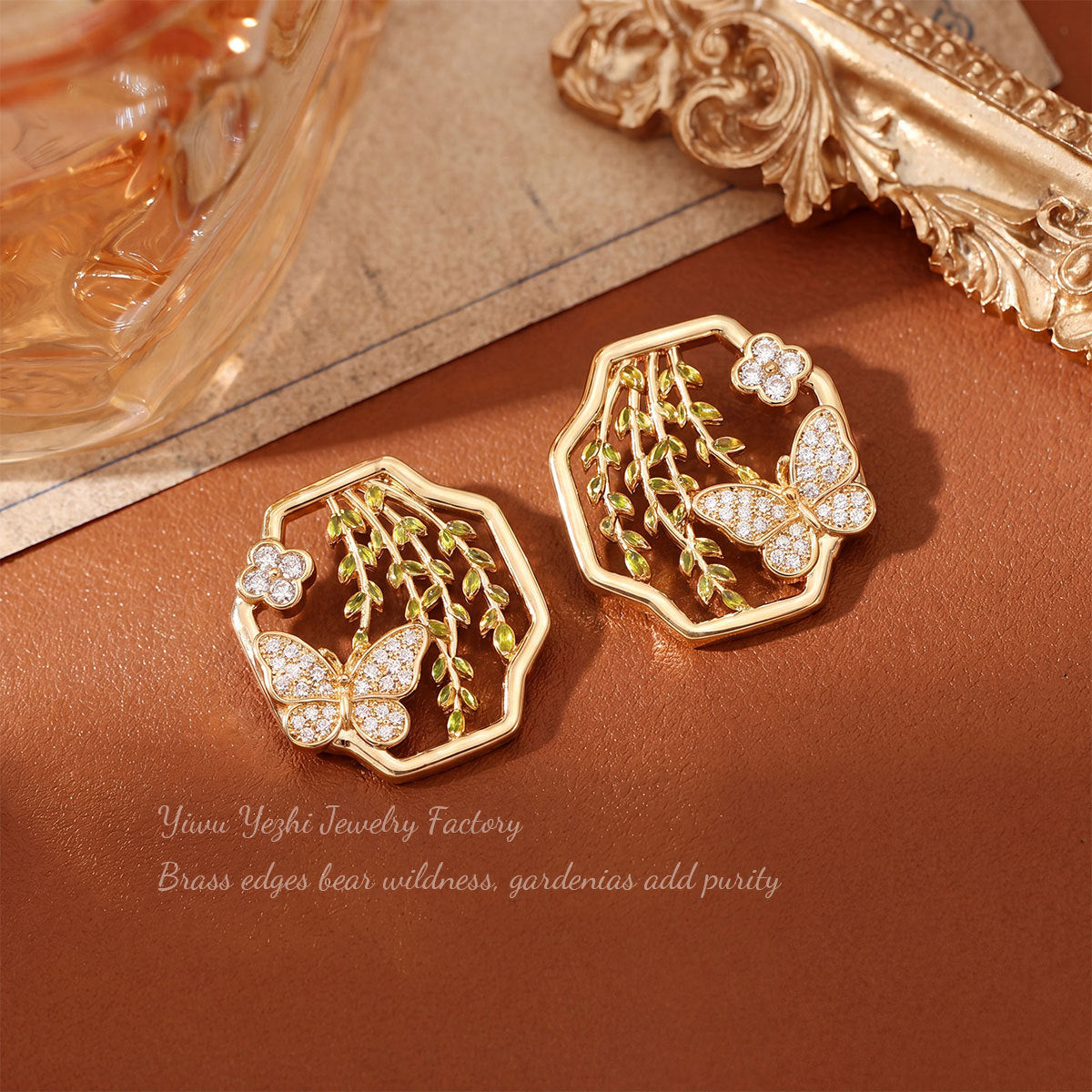 French Vintage Enamel Geometric Stud Earrings For Women, High-end Butterfly And Willow Tree Earrings, 18K Gold Hollow Earrings