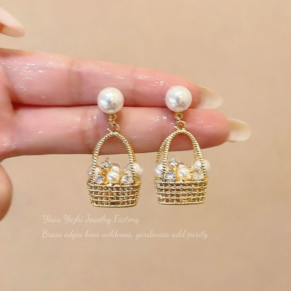 French-Style Pearl Hollow Woven Flower Basket Zircon Hoop Earrings With Copper Plated Real Gold, Exquisite Light Luxury Design Earrings For Women