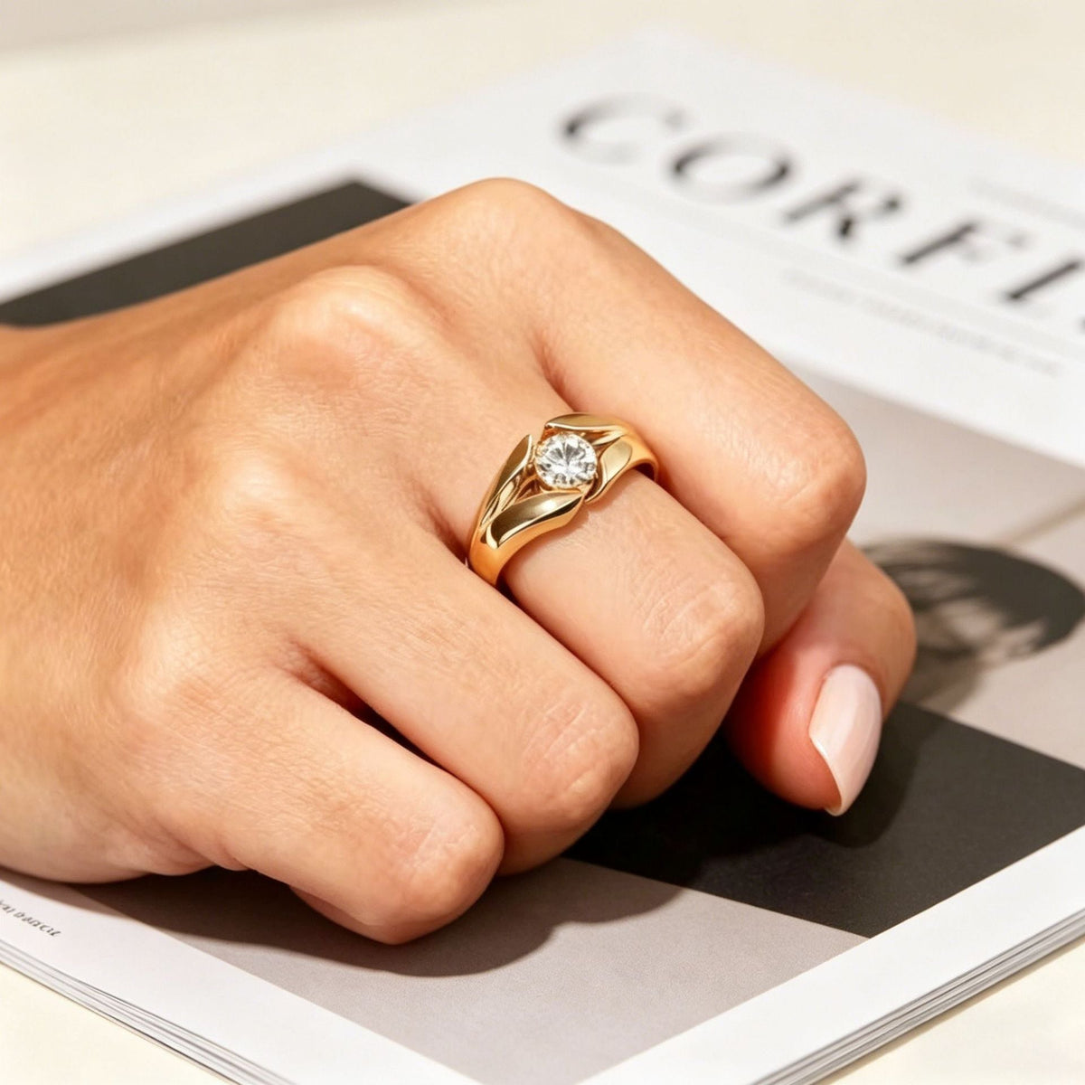 Yanbai Cross-Border Minimalist Style Gold Ring With Zircon Inlay, Simple And Elegant Engagement Ring, Anniversary Gift