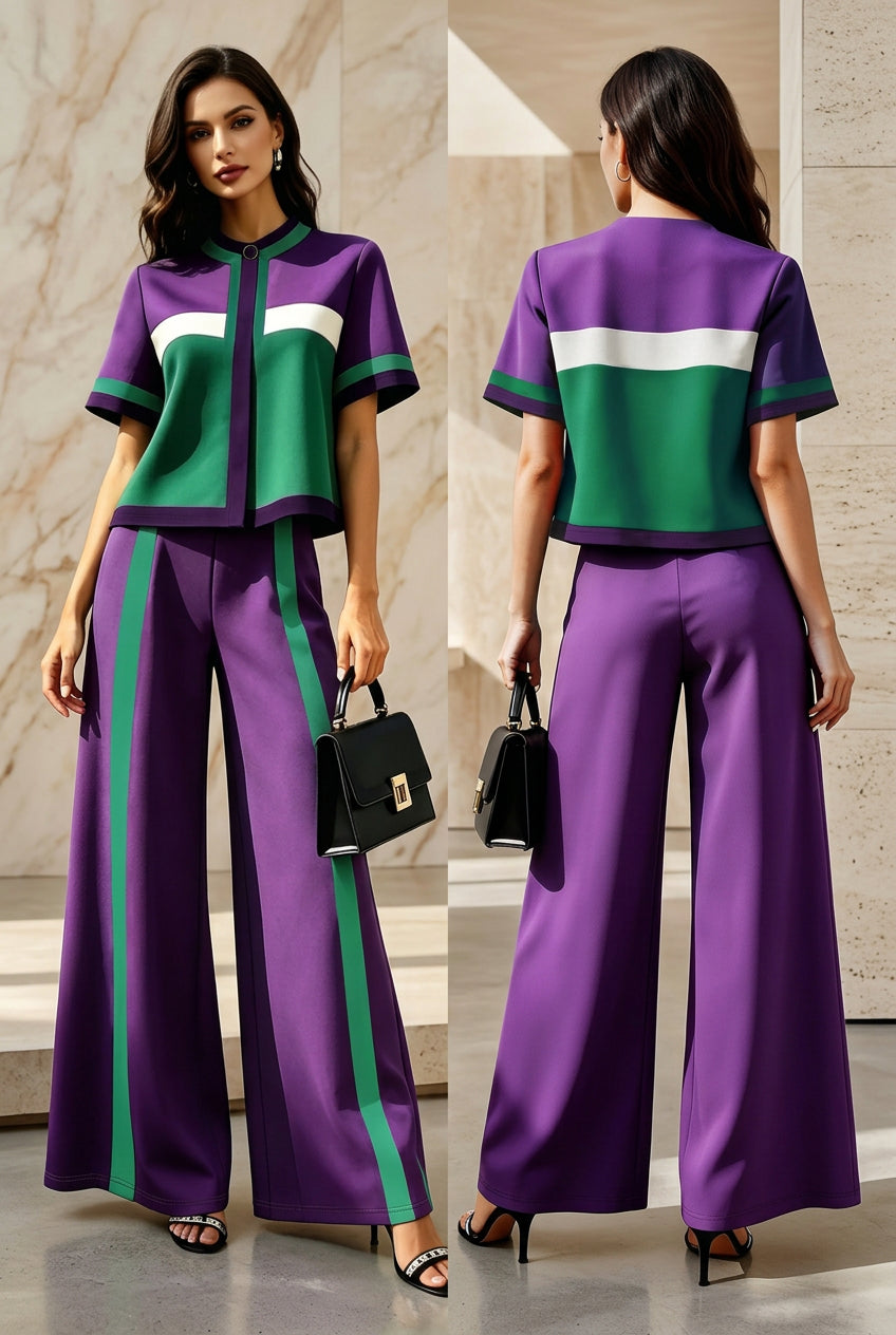 Women's Color-Block Short-Sleeve Top & Wide-Leg Pants Set