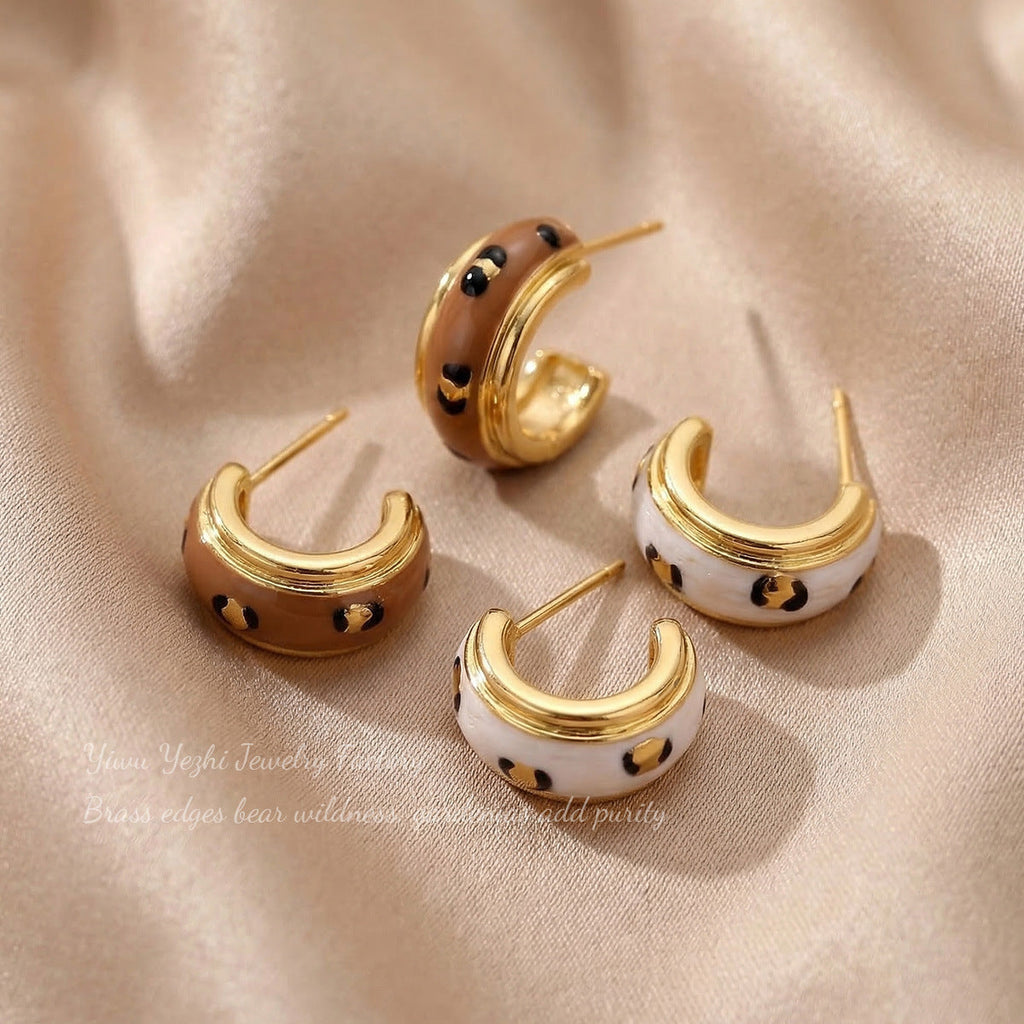 French-Style Retro Maillard Leopard Print Oil-Drip Earrings, Light Luxury, High-End Fashion, Unique Niche Style, Versatile Earrings