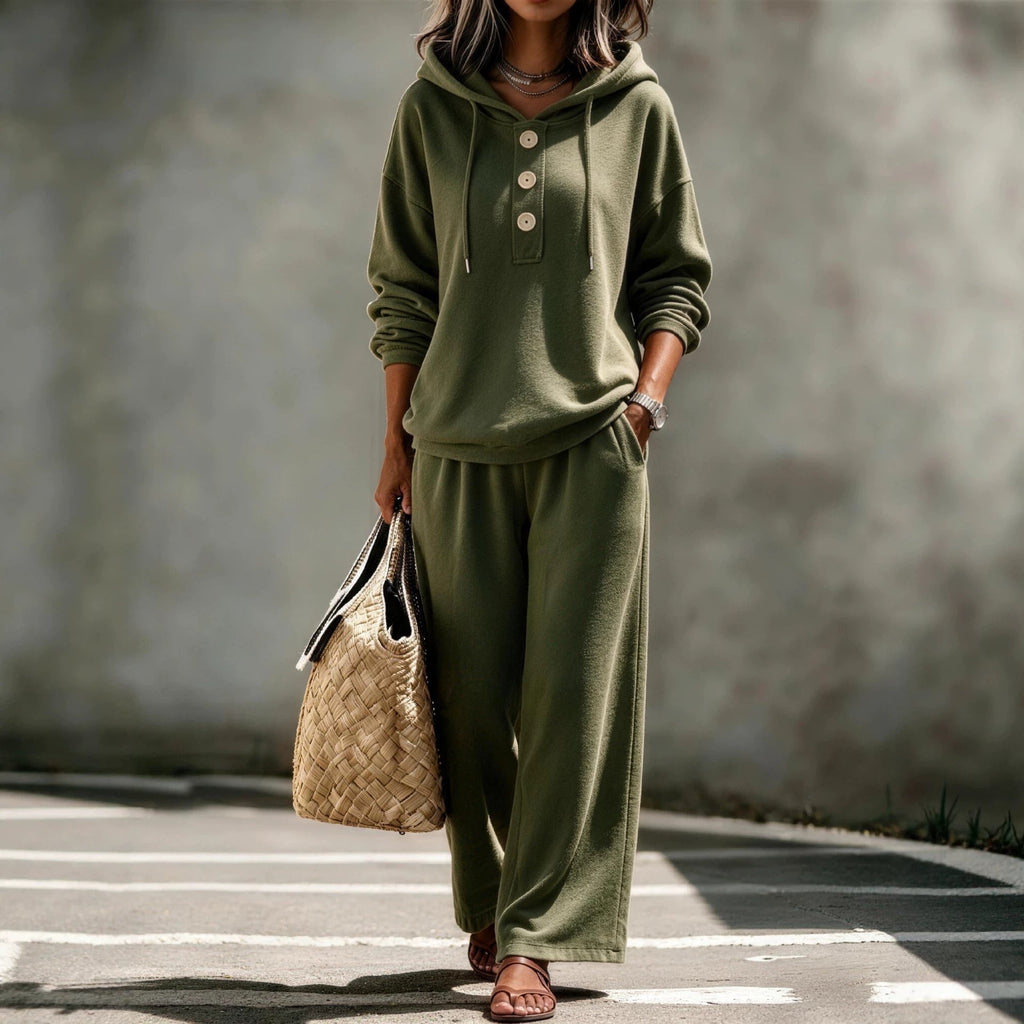 Women's Button-Neck Hoodie & Wide-Leg Pants Set